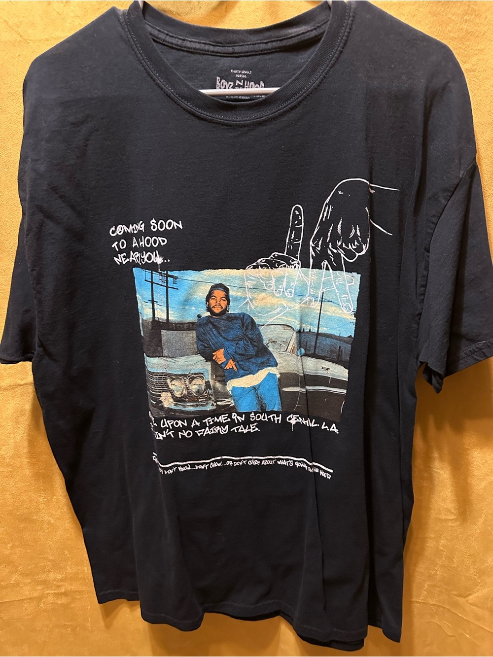 Black Graphic Crewneck Tee with Photo Panel and Script Accents